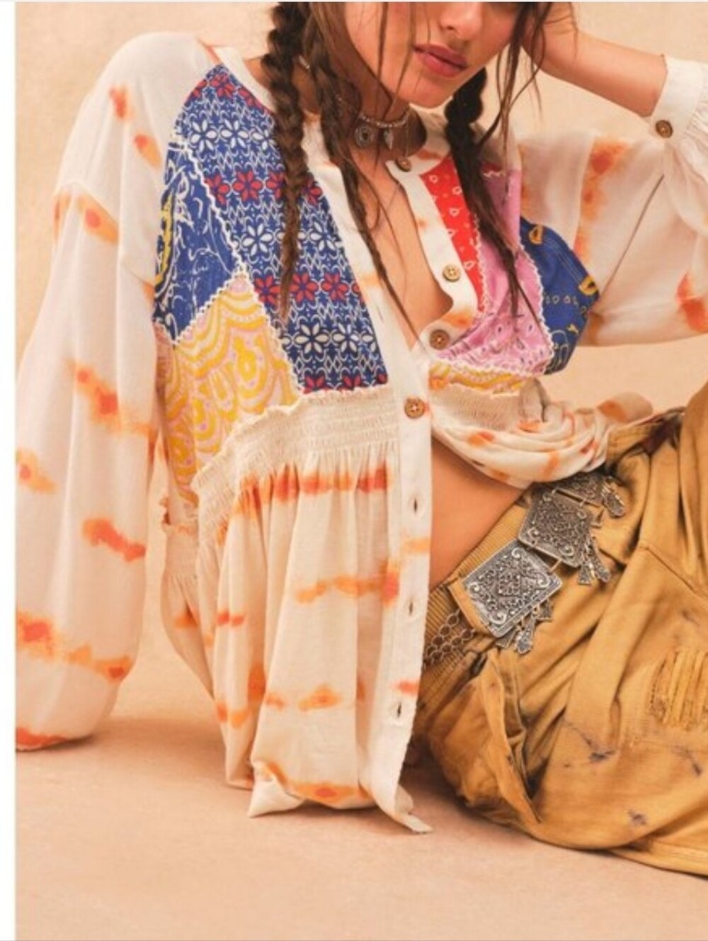 Free People Smore Tunic M Oversized Mixed Print Boho Babydoll Button Front Top